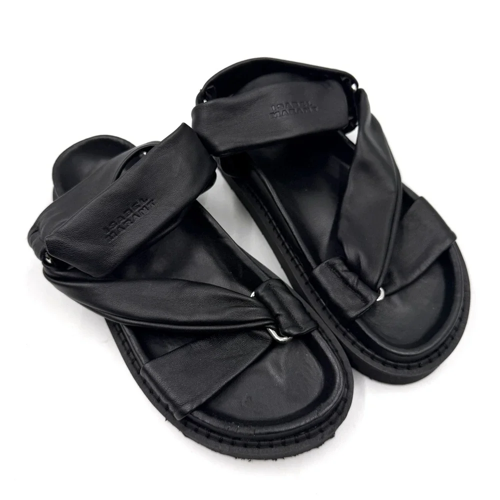 Isabel Marant Naori Flatform Sandals Black Leather Strappy Women Sz 38 / 7.5 - Picture 2 of 11